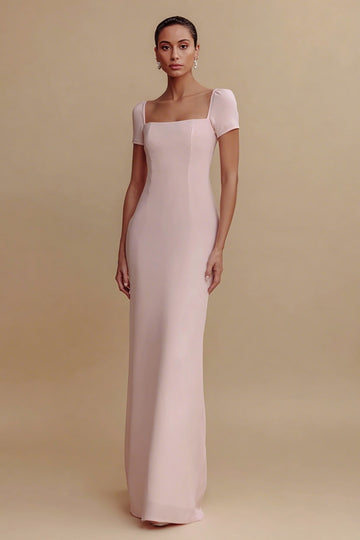 Pink Square Neck Sheath Maxi Evening Dress